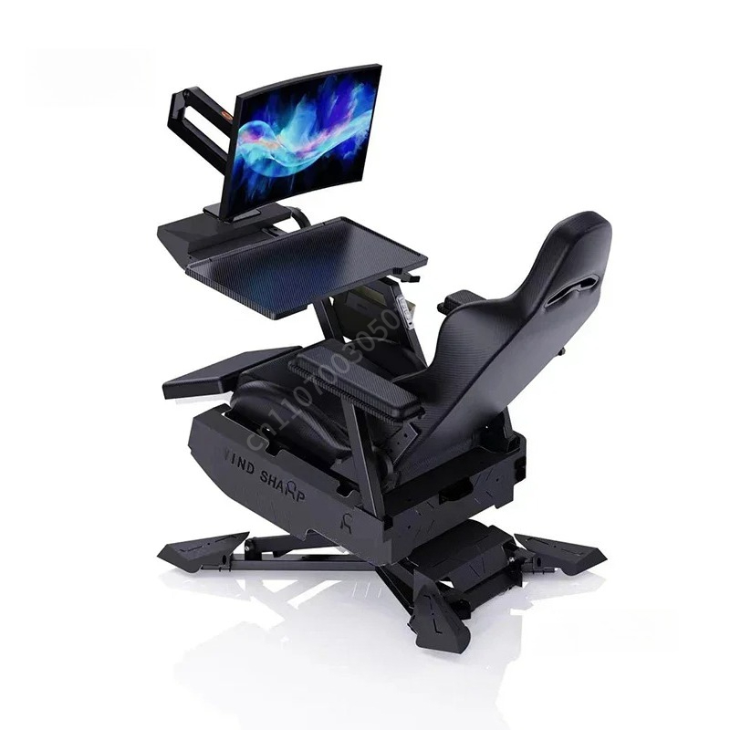Monitor Stand - リクライニングゲーミングステーションコックピット、人間工学に基づいた一体型コンピューターデスクチェア、調節可能なモニタースタンドとアームレストワークトレイ付き