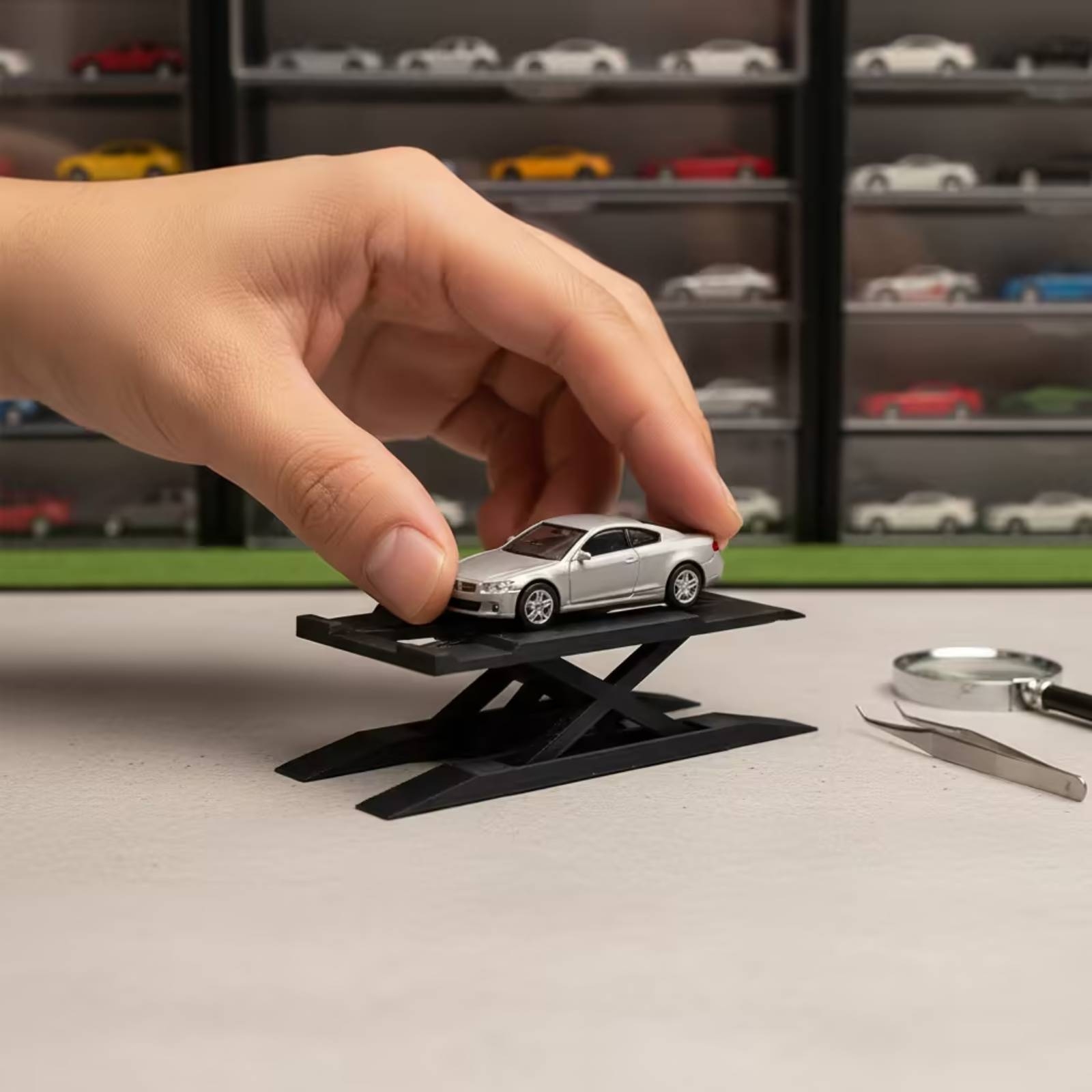 Standing Desk - モデルカー展示ラック 二段式 モデルカー展示スタンド ブラック コンパクト コレクター、ジオラマ、デスク用