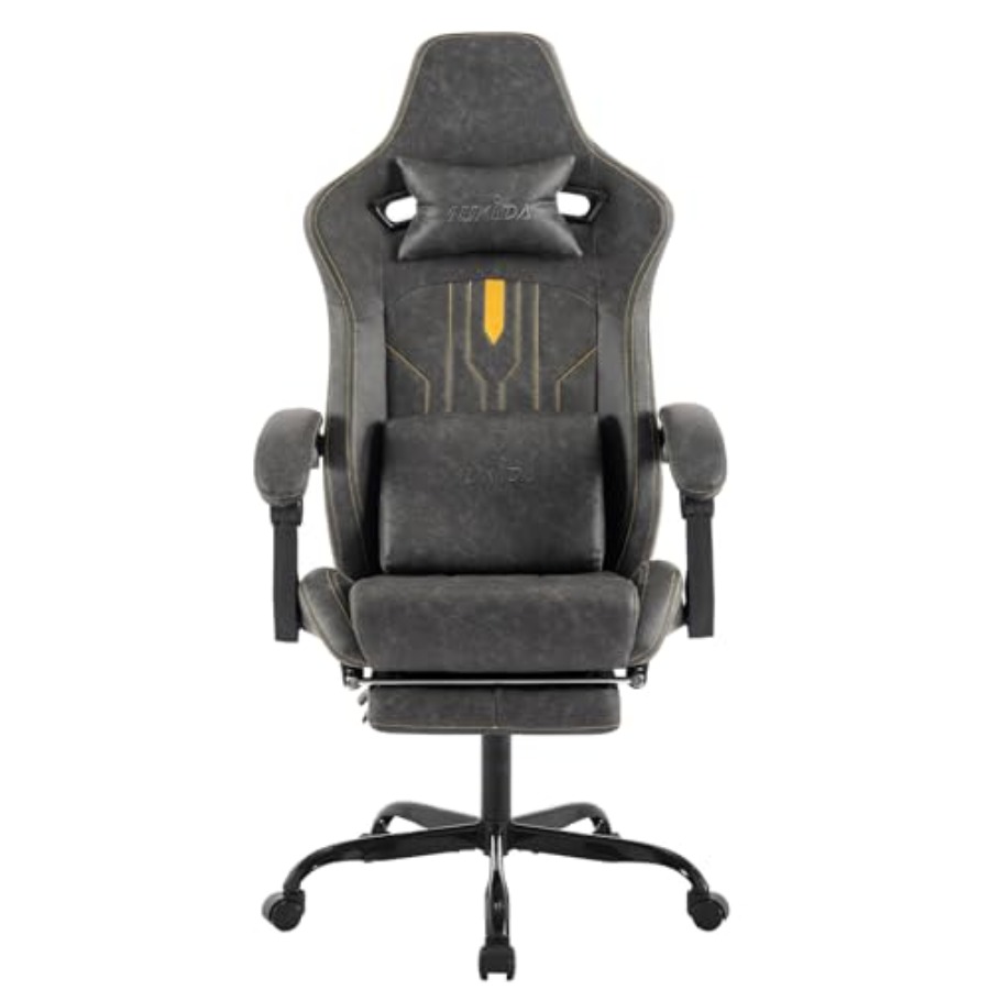 Office Chair Cushion - 自宅のオフィスで使用できる、フットレスト付きのゲーミングチェア。素材は黒色のPUレザー。人間工学に基づいた設計で、マッサージ機能付きのランバーサポートと高さ調節機能を備えています。