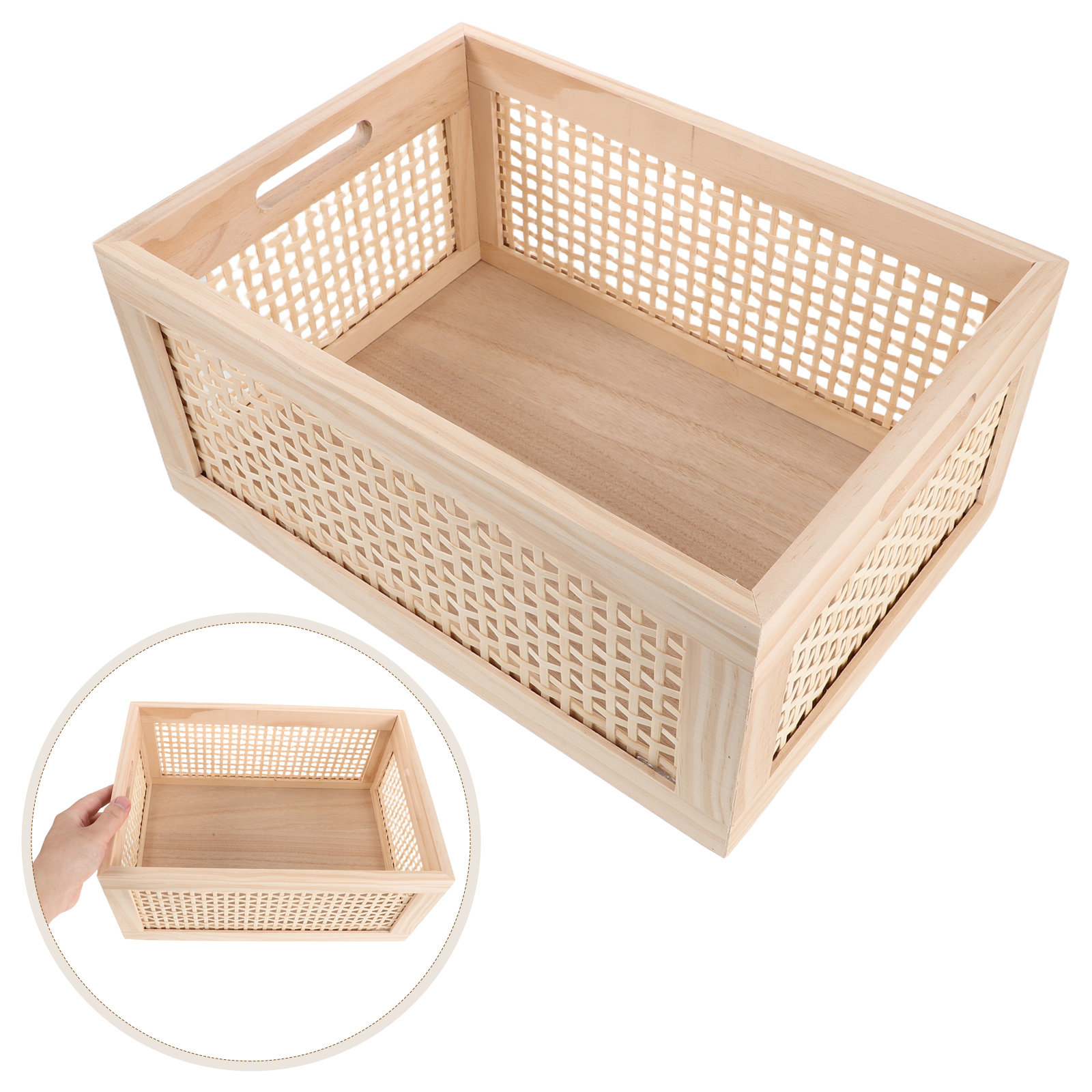 Desk Organizer - 編み込み収納バスケット、小ぶり、素朴な木製、雑誌立て、サイズ：13.8x9.8x6.3インチ、デスク用バスケット、オフィス用ブックオーガナイザー。