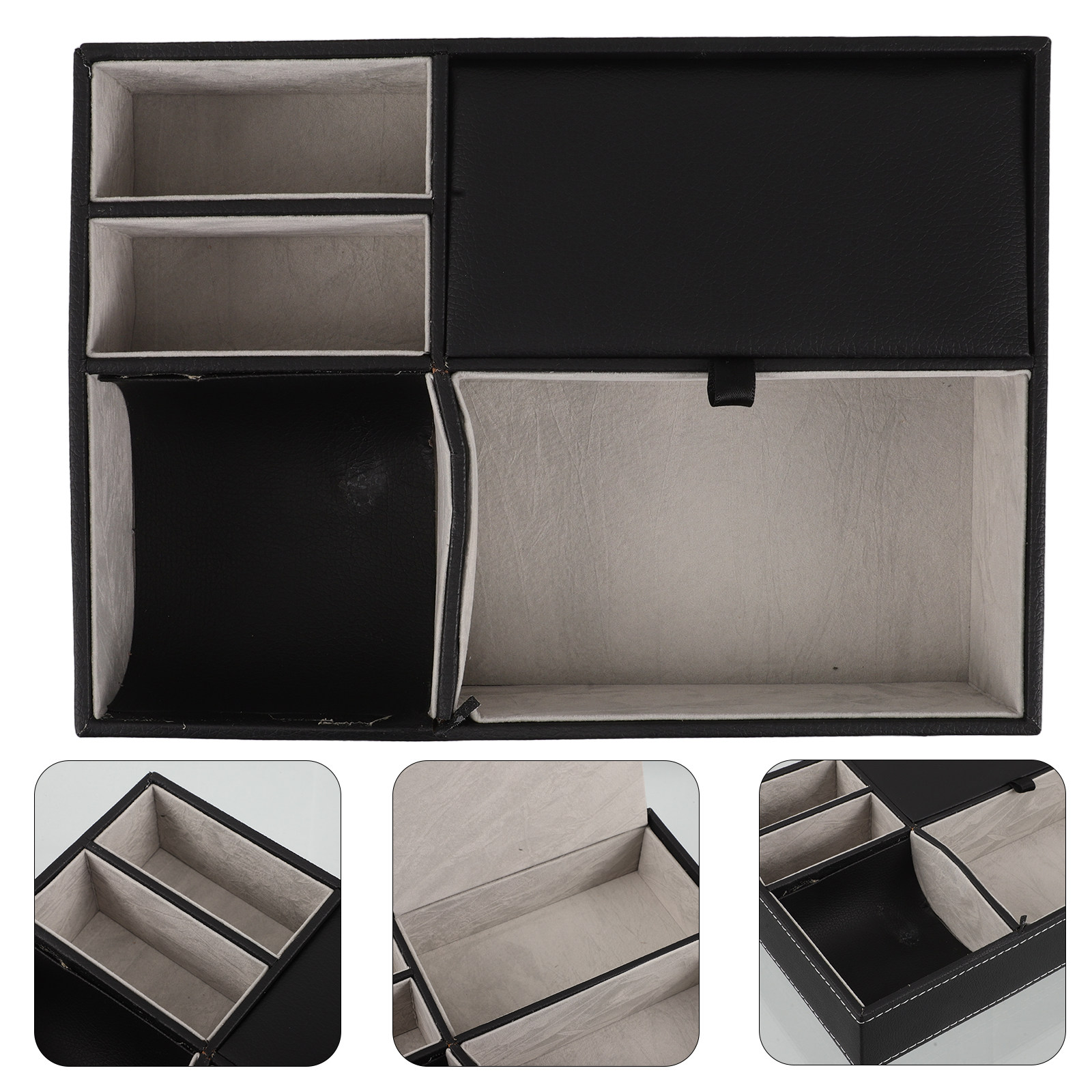Desk Organizer - 多機能PU製デスクトレイ。オフィスや自宅、ナイトテーブルでの使用に最適。木製収納で、スマートフォン、アクセサリー、鍵、ジュエリーなどを整理できます。