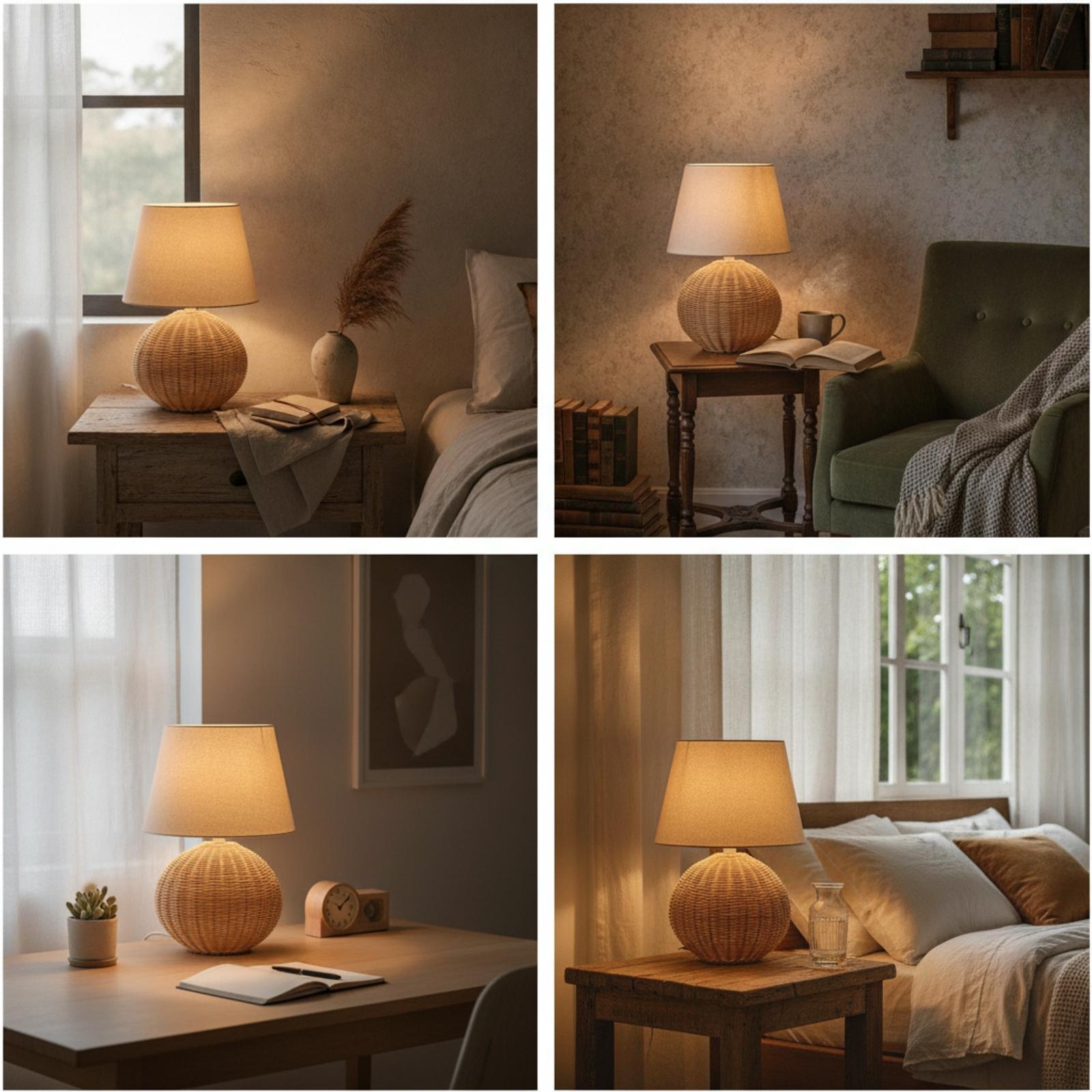 ベッドサイドランプ ラタンベース ファブリックシェード ナイ - Desk Lamp のレビューと価格