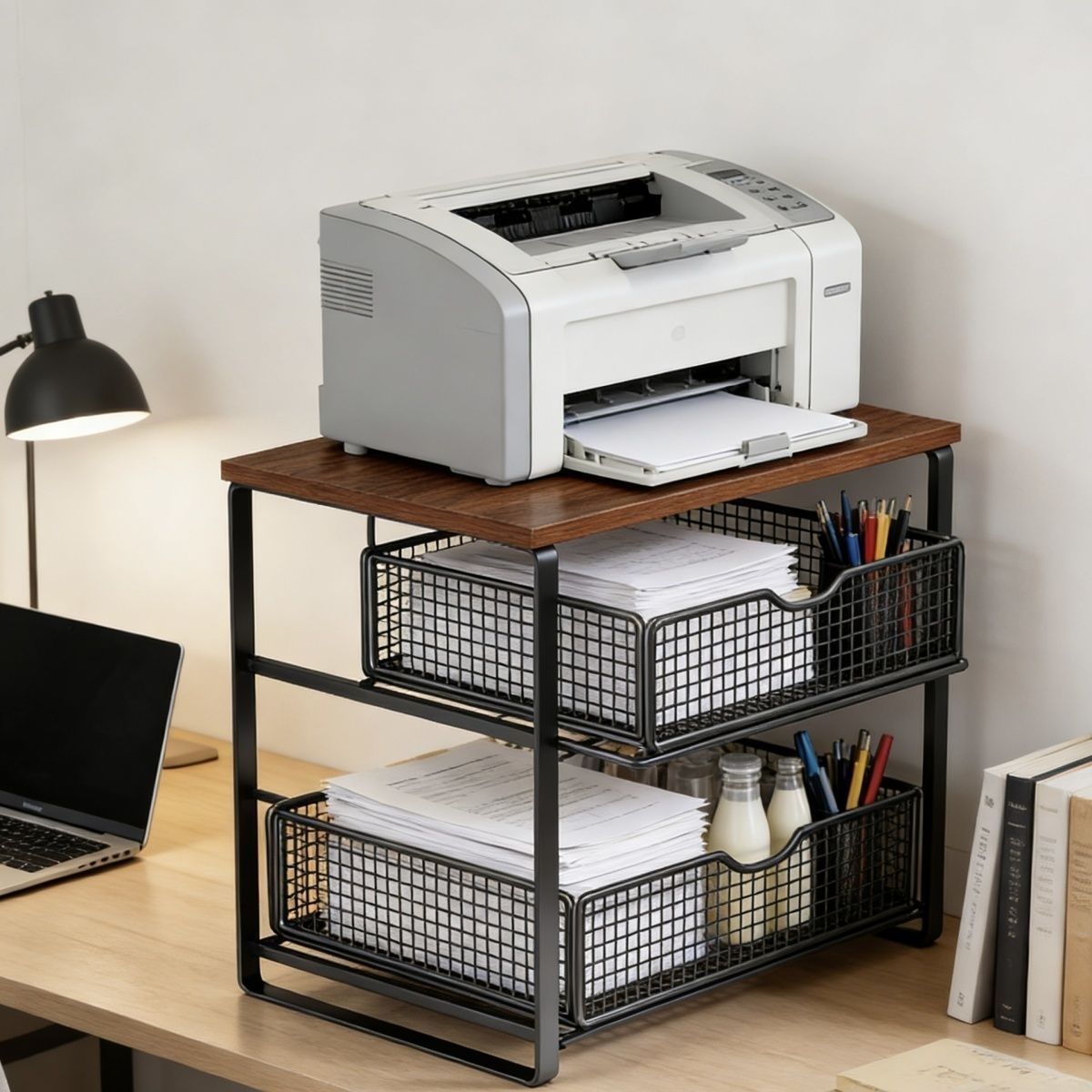 モダンミニマリスト二層式アイアンアートオフィスデスクトッププ - Printer Stand のレビューと価格