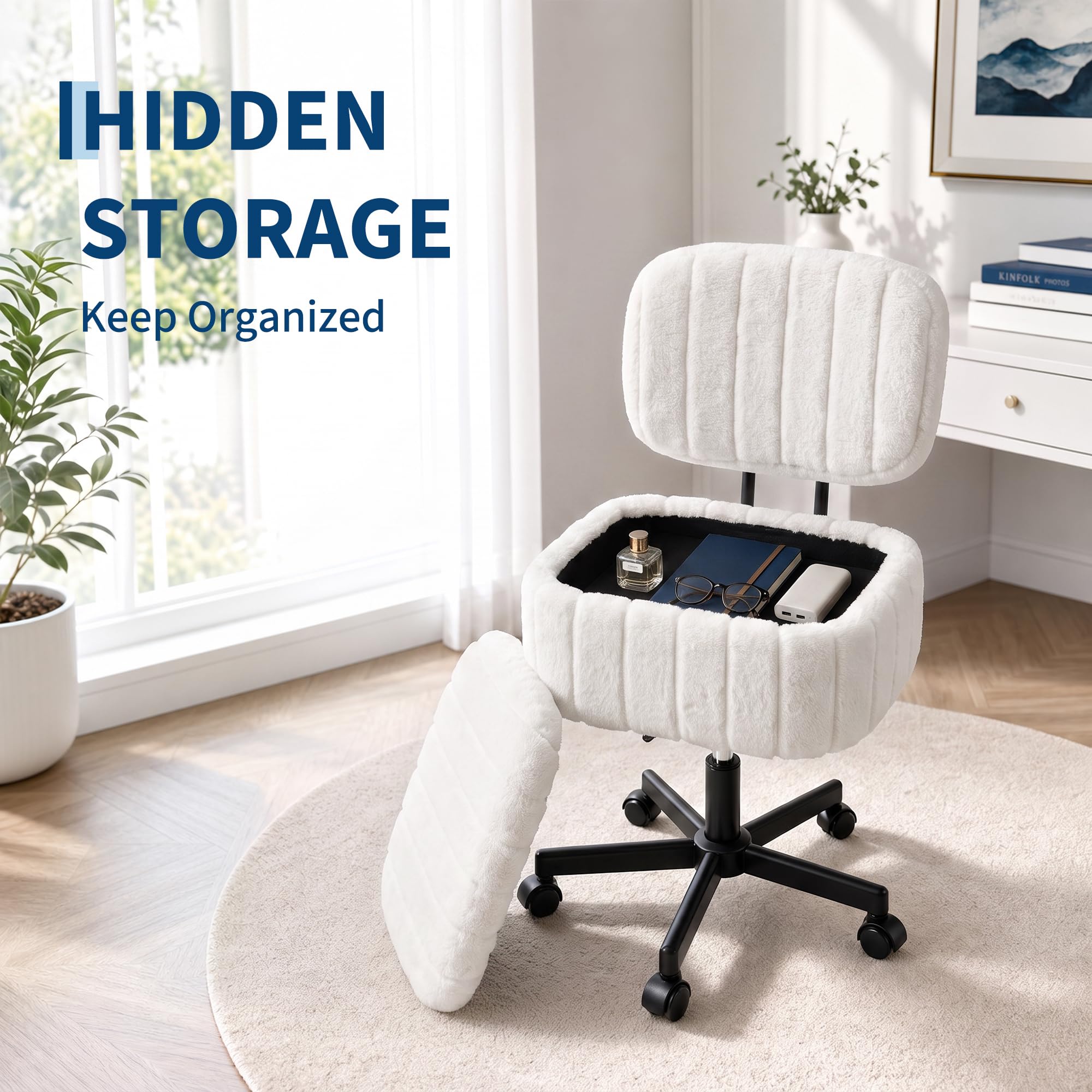 収納付きのドレッサーチェア、フェイクファーのラビットファーメ - Office Stool のレビューと価格