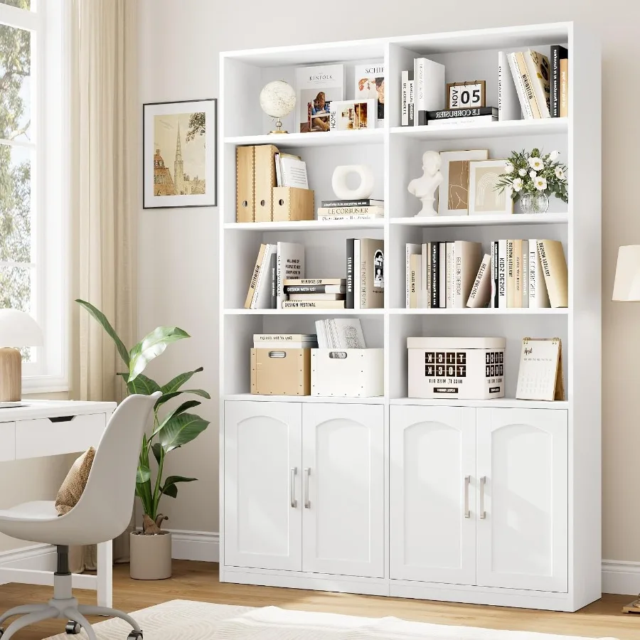 リビングルーム用の扉付き本棚。人工木材製、白色、棚の高さ調節 - Bookshelf のレビューと価格
