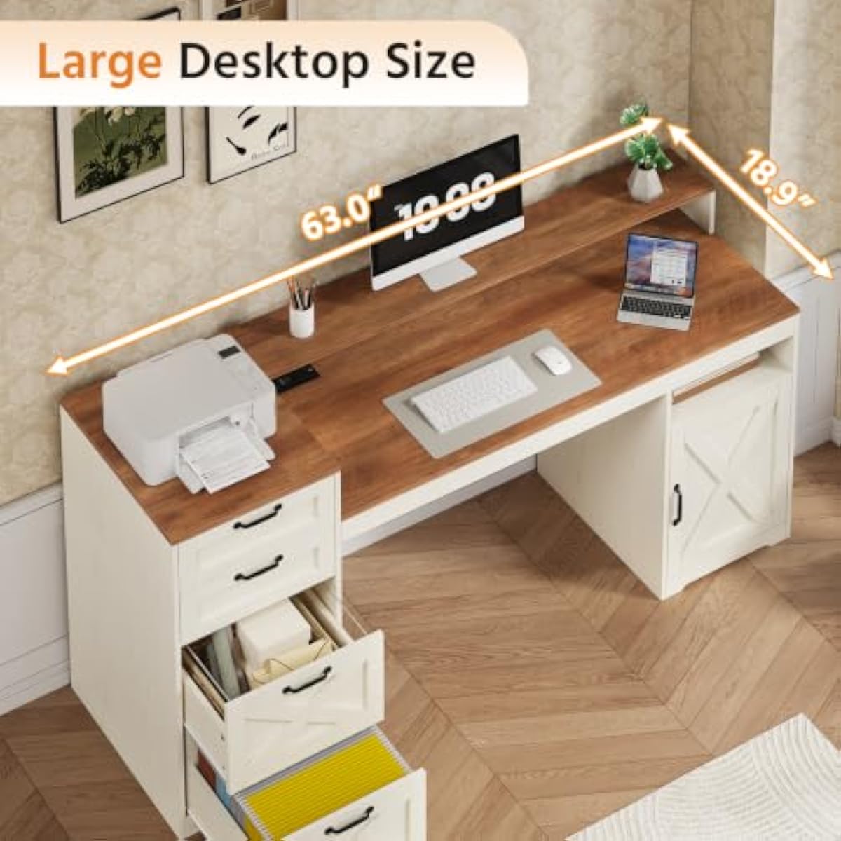 63インチの、素朴な白いデザインの、木製天板を使用したデスク - Printer Stand のレビューと価格